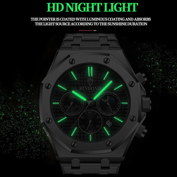 BINBOND B0161 — Reloj Hombre Luminoso Acero Inoxidable